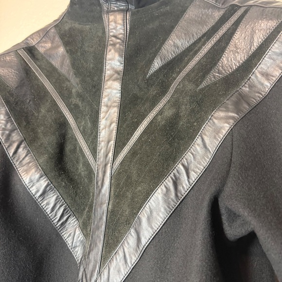 VTG Wool Long Coat Jacket Womens 4 Black Leather Trim David Benjamin Winter FLAW - Picture 4 of 11